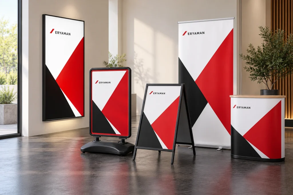 Işıklı pano, reklam dubası, ayaklı afiş, roll-up ve stand mockupları
