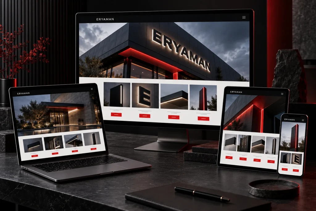 Masaüstü, dizüstü, tablet ve telefonda kurumsal web sitesi örnek mockupı